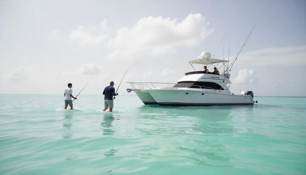 Family casting for bonefish during best boats for fishing charters in Exuma.